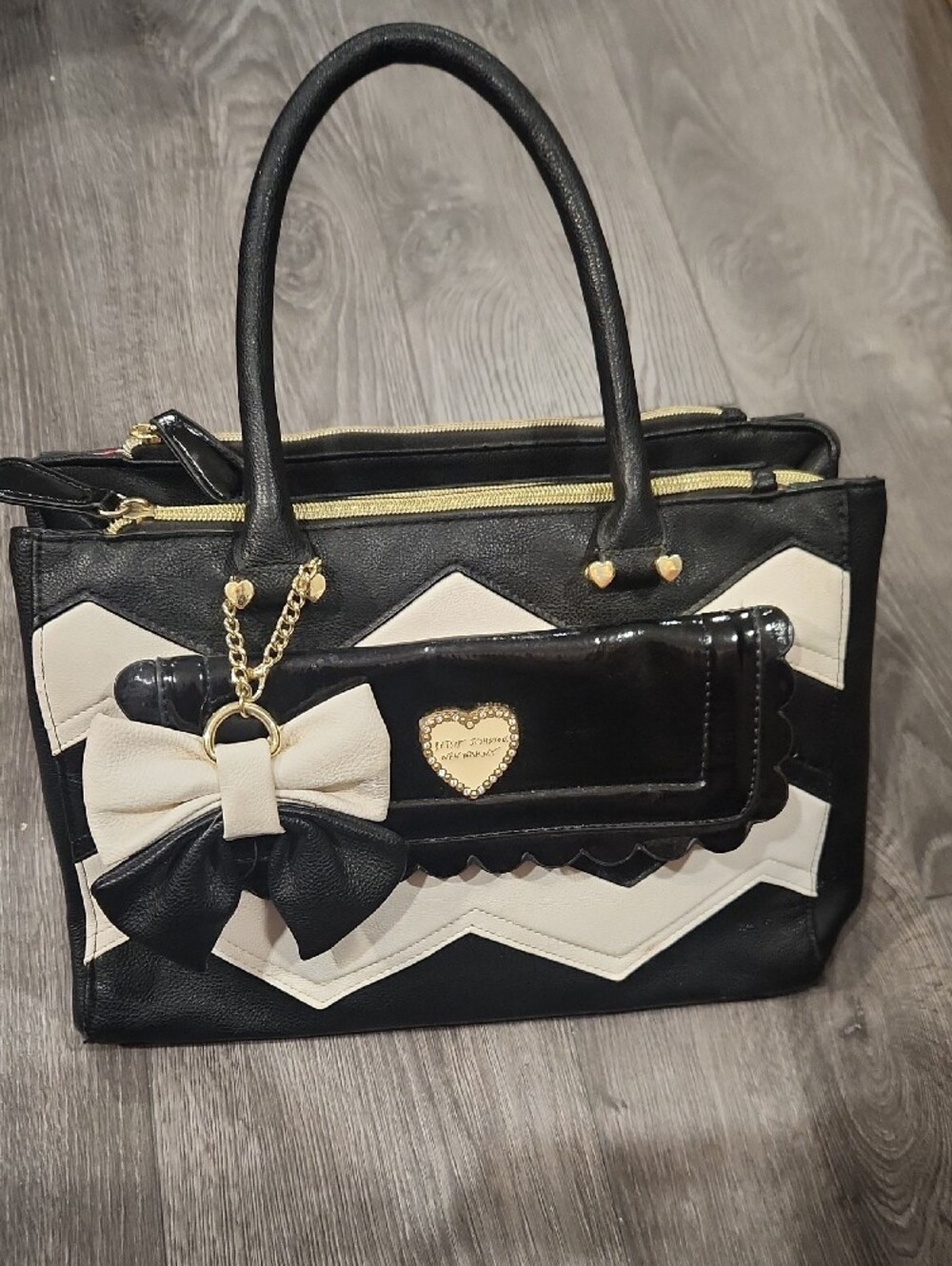 Betsey Johnson Black & Cream Bow Accent Shoulder Bag with Gold Hardware